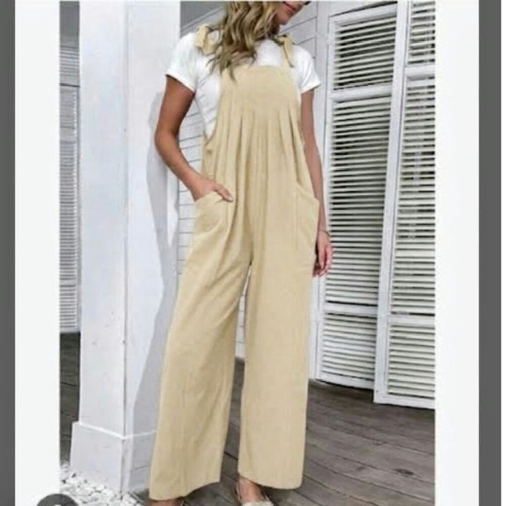 NWT Miss Sparkling Linen Blend Wide Leg Overalls Jumpsuit Cream Tan Slouchy L